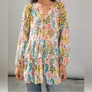 Anthropologie Sheer Boho Tunic Top | Colorful Ikat Print |